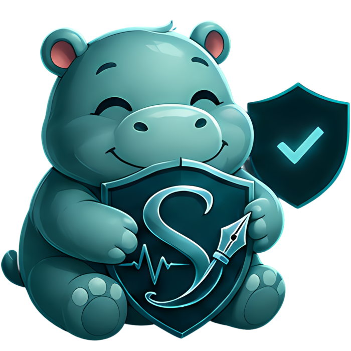 Hippo, the ScribeOath mascot, holding a shield